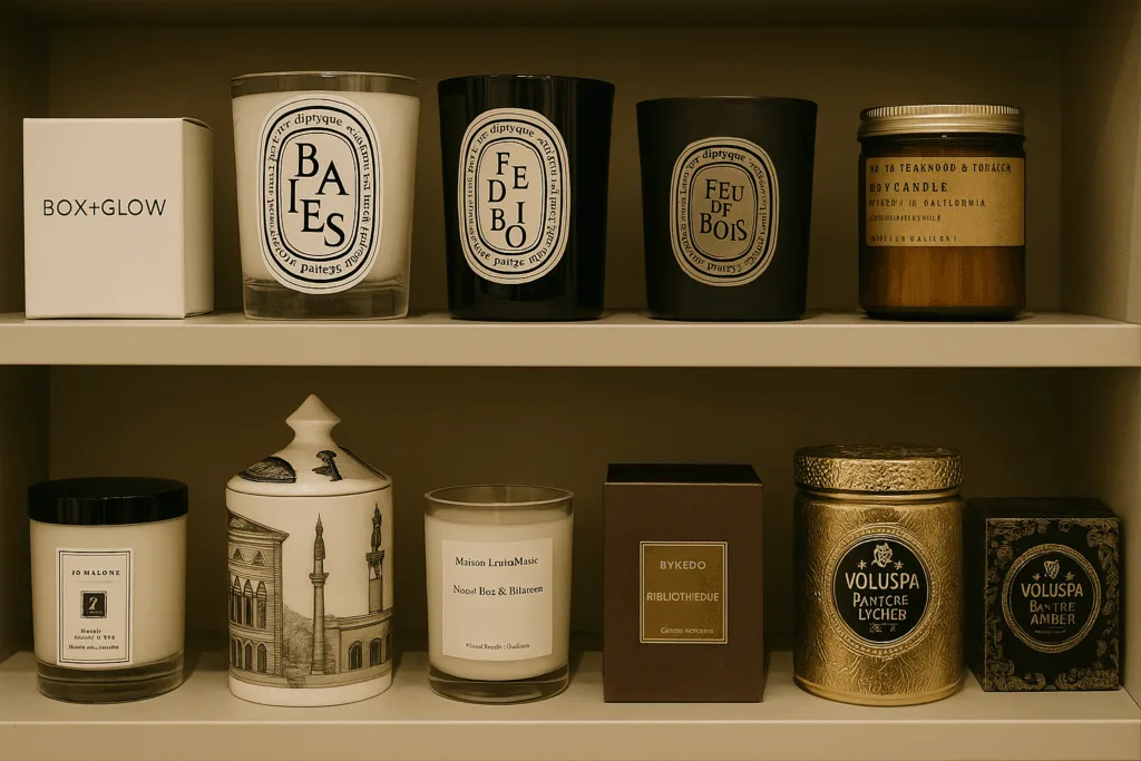 display of competing candle brands in retail environment