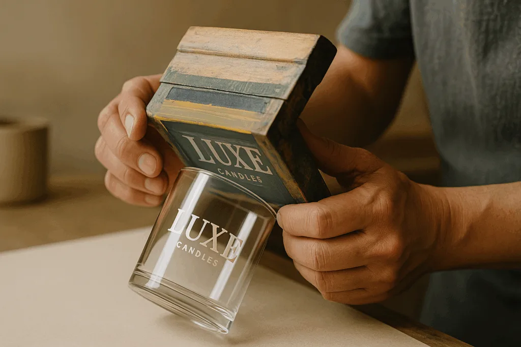 Candle container manufacturer in China customizing candle jars with printed logos.