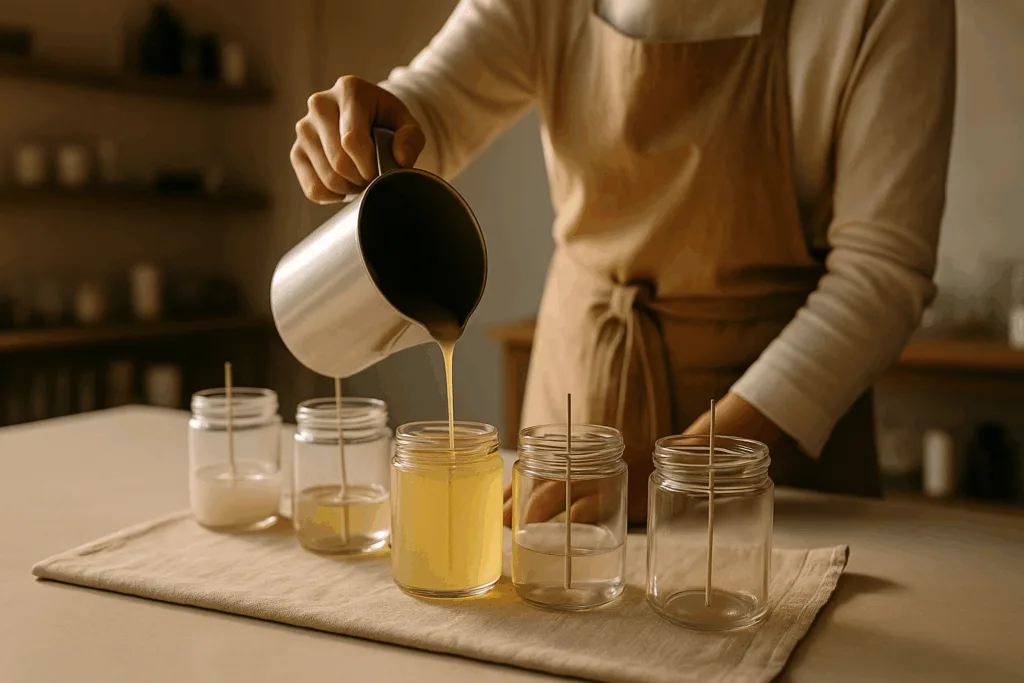 How to Start a Candle Business With Glass Jars 3 Artisan demonstrating how to start a candle business with glass jars during wax pouring.