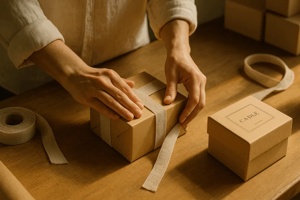 artisan hand-wrapping luxury eco candle packaging design process