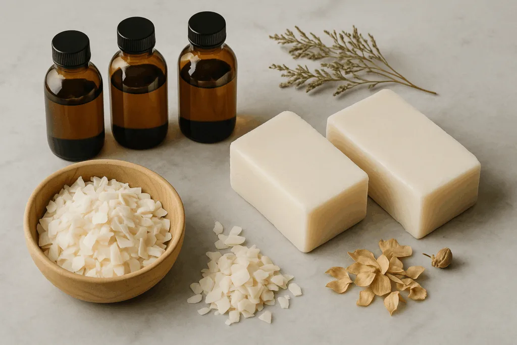 Close-up of sustainable soy and coconut wax and perfume oils — where to find the best luxury candle supplies in 2025.