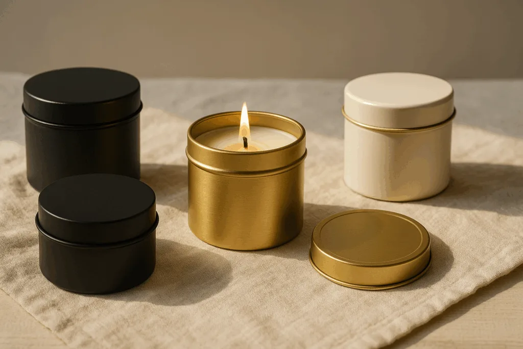 Elegant arrangement of the best tin containers for scented candles in luxury finishes.