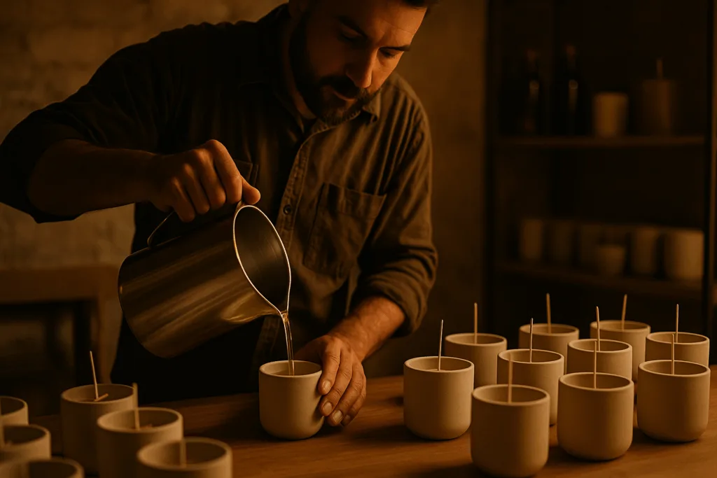The Truth About Starting a Candle Brand — It’s NOT About Quantity, It’s About Your Budget (And Why You Need $2,000+) 2 artisan pouring wax in professional candle studio