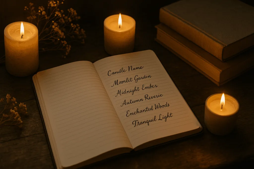poetic candle brand story writing concept with notebook and candlelight
