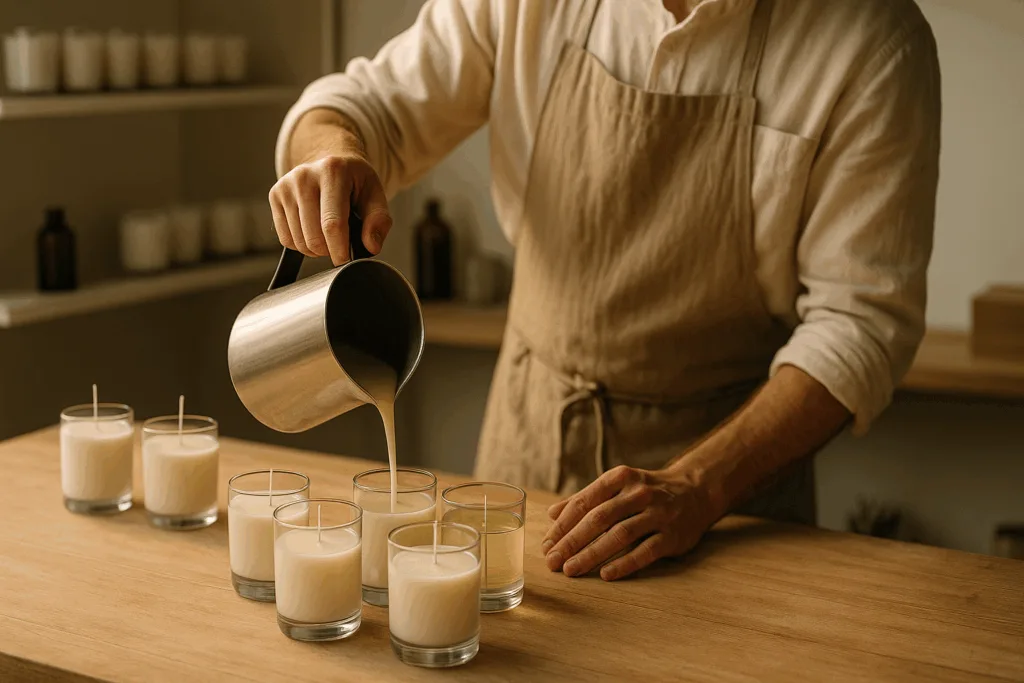 An artisan hand-pouring soy wax into glass jars in a minimalist candle studio under warm natural light.