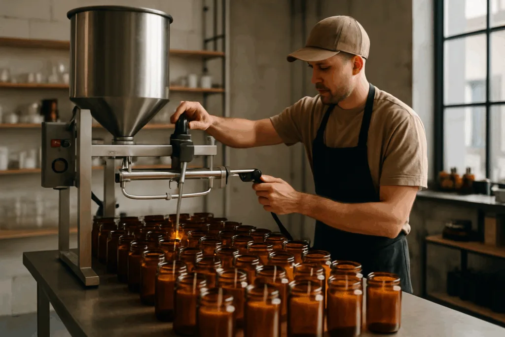 🕯️ 7 Essential Secrets: How to Start Your Candle Business with Profitable Gift Set Ideas 2 Factory worker calibrating candle pouring machine in a modern candle workshop, amber jars aligned in rows — illustrating production process for small candle business.