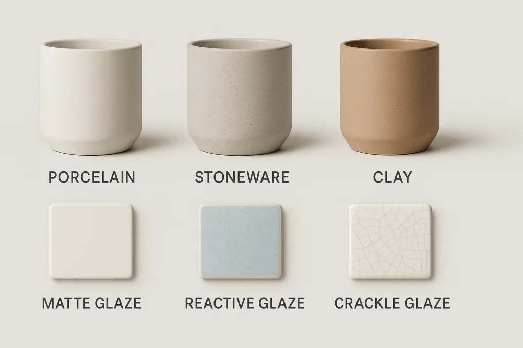 Custom Ceramic Candle Jars: Everything You Need to Know Before Ordering 3 Comparison of ceramic materials and glaze finishes showing porcelain, stoneware, and reactive glaze options for candle jars.