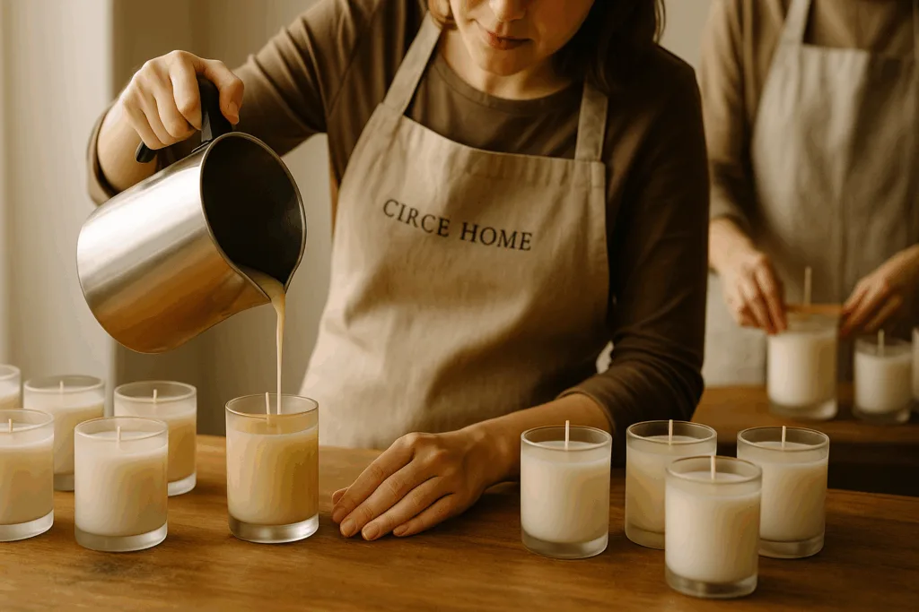 🕯️ 7 Essential Secrets: How to Start Your Candle Business with Profitable Gift Set Ideas 5 Circe Home artisans hand-pouring soy wax candles in a calm, naturally lit studio, showcasing craftsmanship and luxury candle production process.