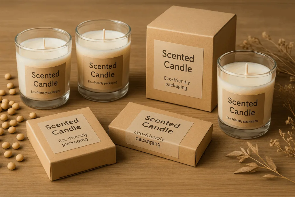 🕯️ 7 Essential Secrets: How to Start Your Candle Business with Profitable Gift Set Ideas 4 eco-friendly soy wax candles in glass jars with recyclable kraft paper packaging, surrounded by soybeans and dried flowers — sustainable candle design for small candle business.