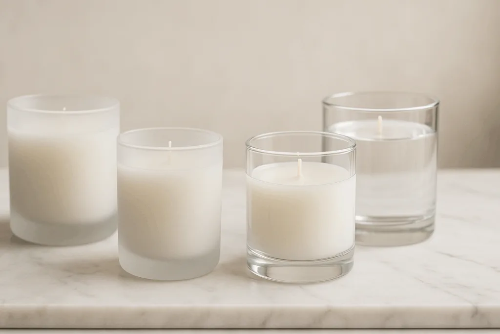 frosted and clear glass candle jars arranged on marble with soft luxury lighting
