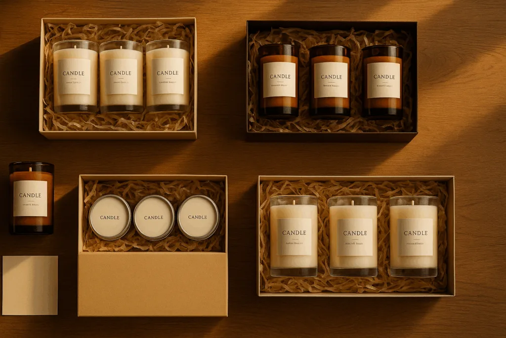 Flatlay of luxury soy wax candle gift sets on a wooden table with warm golden lighting, minimalist design — perfect visual for how to start your candle business.