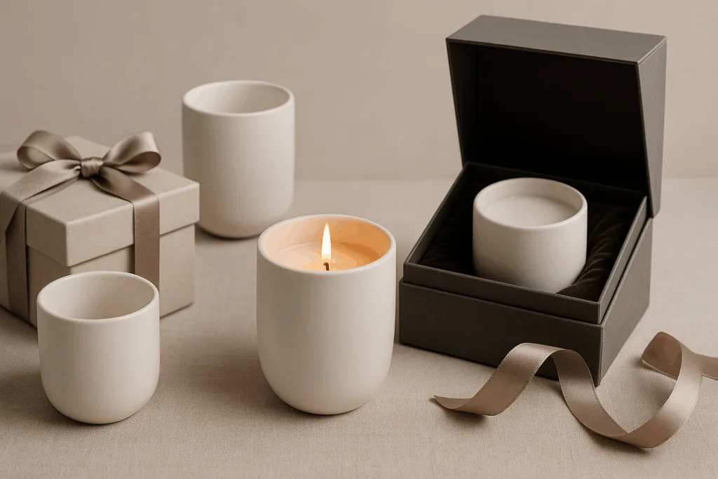 Luxury porcelain candle vessels displayed as premium gift items.