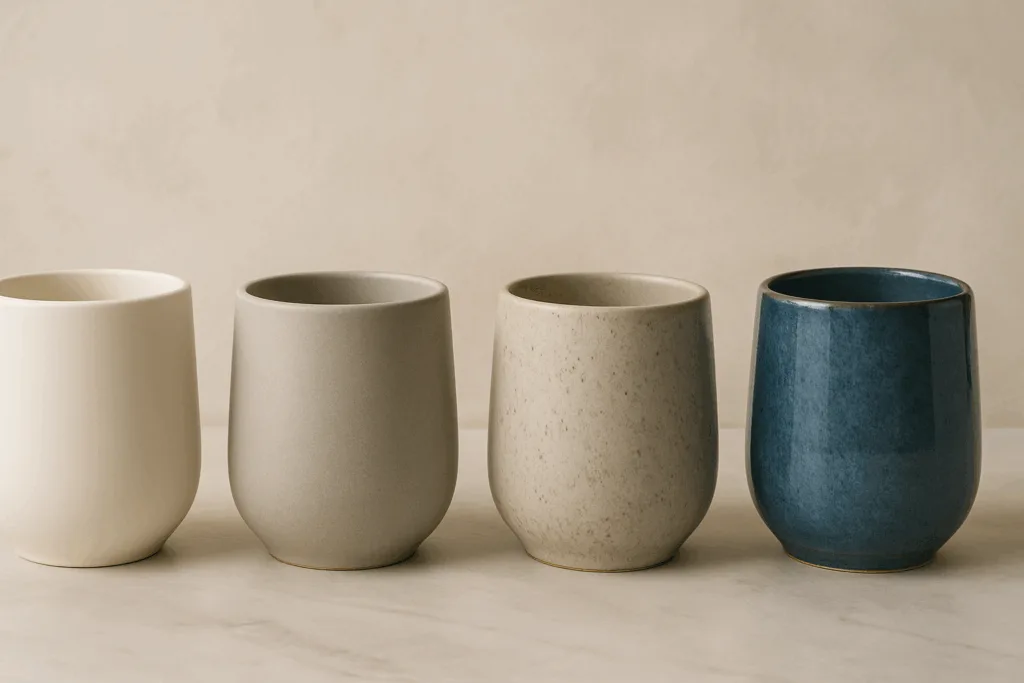 A collection of porcelain candle vessels showcasing different luxury glaze finishes.
