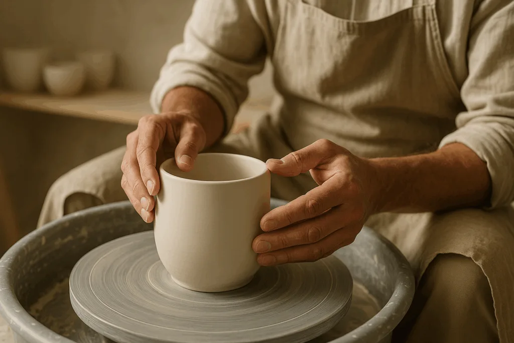 Artisan crafting a luxury porcelain candle vessel by hand.