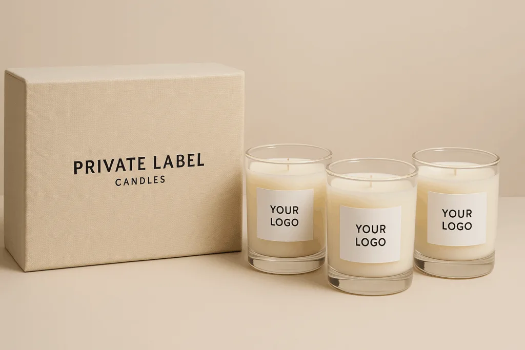 Private label candle sets with minimalist custom logo packaging and luxury studio lighting.