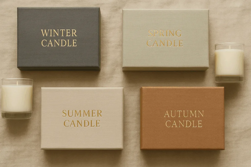Flatlay of four seasonal candle gift sets—Winter, Spring, Summer, and Autumn—arranged in an elegant cohesive palette.