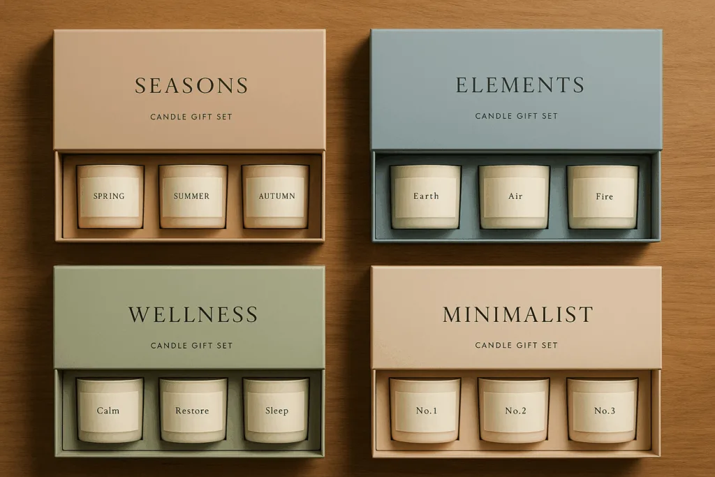 🕯️ 7 Essential Secrets: How to Start Your Candle Business with Profitable Gift Set Ideas 3 Four themed candle gift boxes labeled Seasons, Elements, Wellness, and Minimalist, arranged neatly on a wooden surface — pastel packaging design for small candle business inspiration.