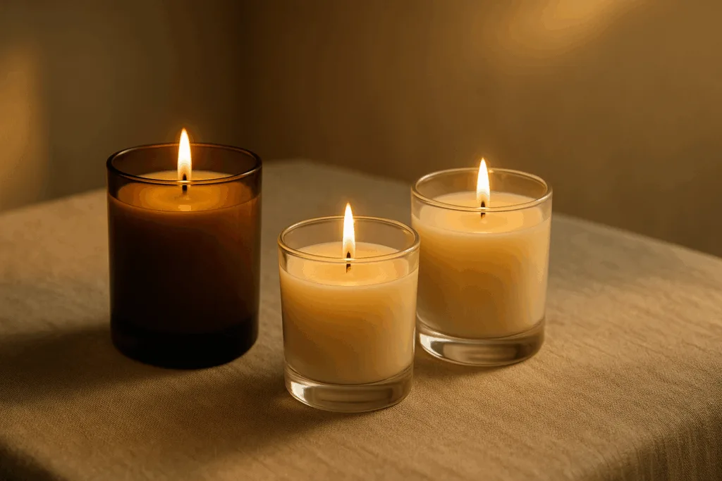 Three lit candles in elegant glass jars glowing on a linen table under golden hour light, calm and serene atmosphere.