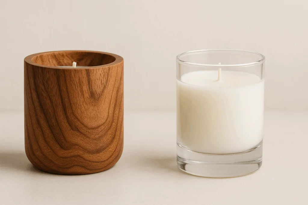 wooden vs glass candle jars side-by-side comparison on a neutral background