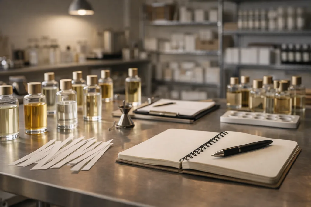 How to Choose a Candle Manufacturer for Luxury Candle Brands 2 Luxury candle fragrance development process showing perfume oils and scent testing for premium candle brands
