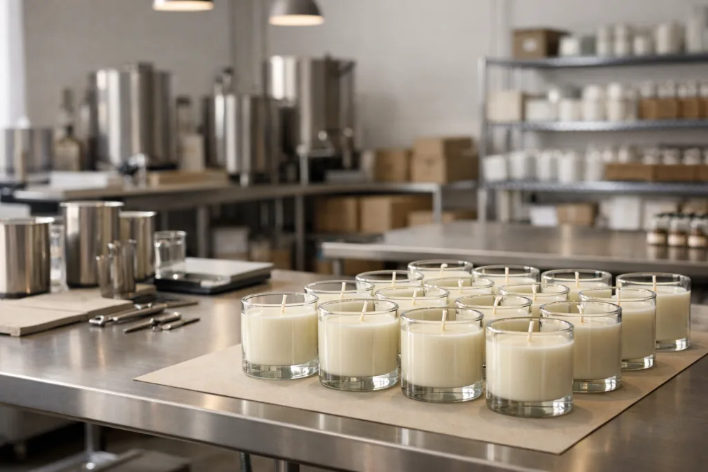 How to Choose a Candle Manufacturer for Luxury Candle Brands 1 Luxury candle manufacturing facility showcasing premium glass candle production for private label brands