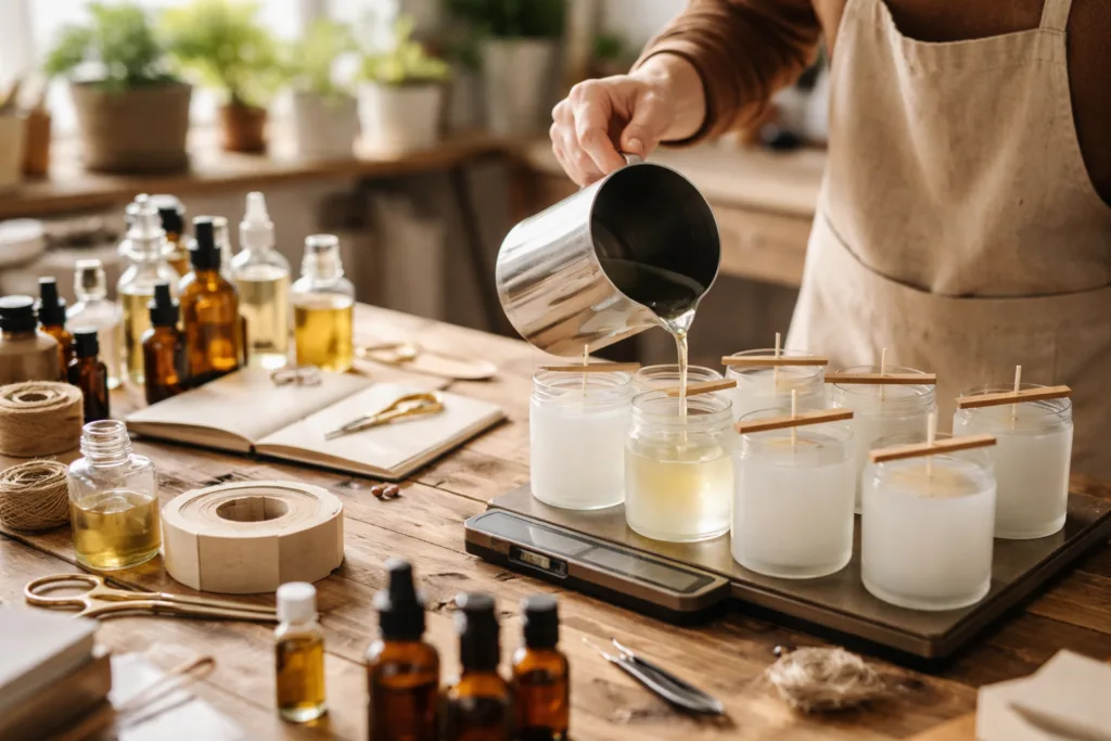 How to Start a Candle Business with Eco-Friendly Soy Wax 2 candle handpour workflowjpg