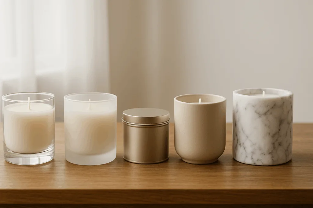 Private Label Candle Pricing: What Affects Your Wholesale Cost? 29 Comparison of glass, tin, ceramic, and marble candle jars for private label manufacturing.
