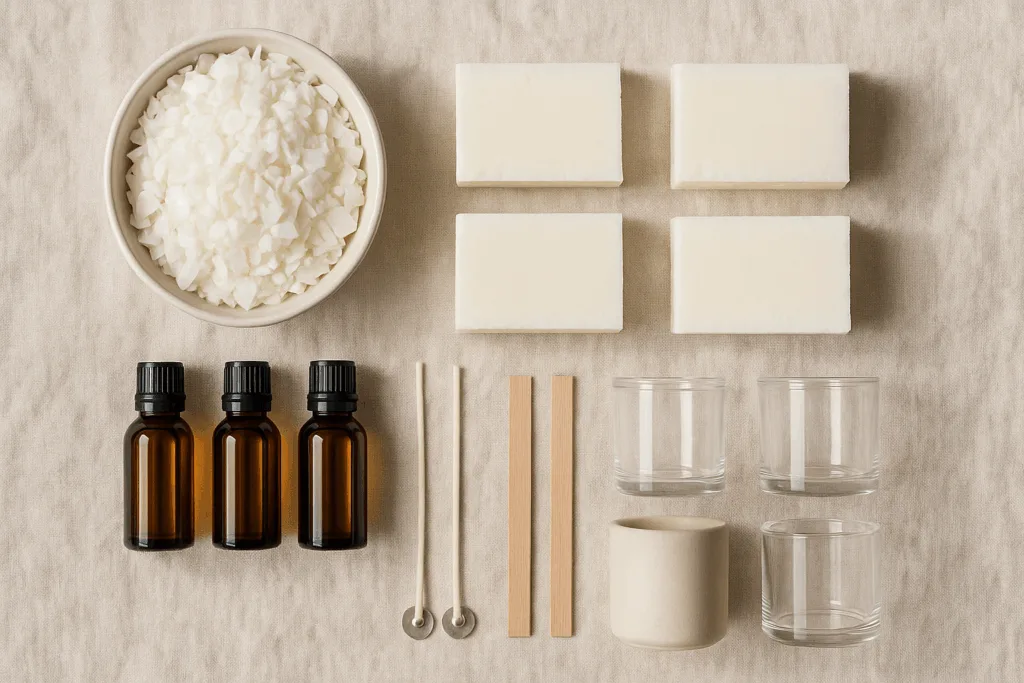 Private Label Candle Pricing: What Affects Your Wholesale Cost? 1 Flatlay of soy wax, coconut wax, fragrance oils, wicks, and candle jars for private label production.