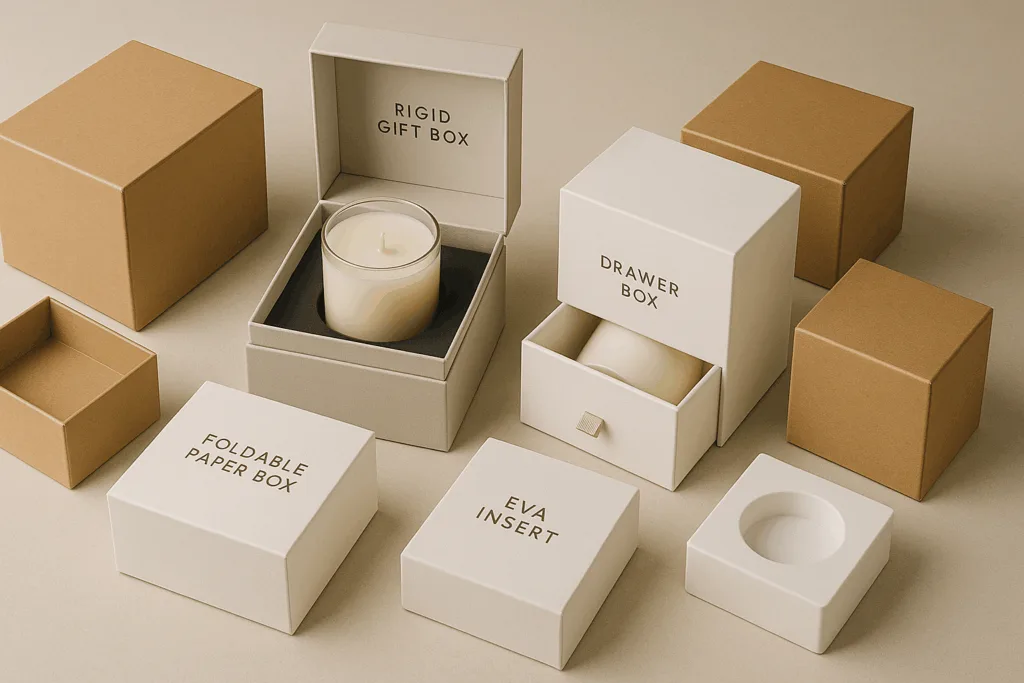 Private Label Candle Pricing: What Affects Your Wholesale Cost? 4 Various candle packaging types including rigid gift boxes, foldable boxes, and protective inserts.
