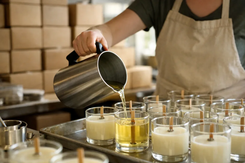 Why Custom Candle Packaging Requires Higher MOQ 2 candle pouring packagingjpg