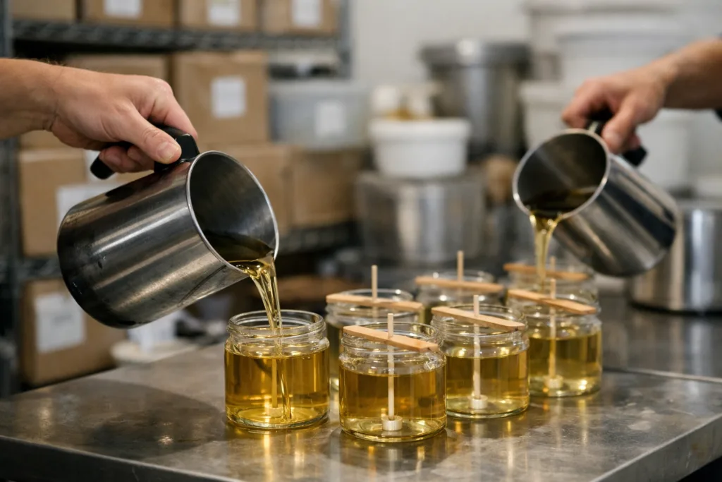 Top Mistakes to Avoid When Ordering Custom Candles 2 candle pouring productionjpg