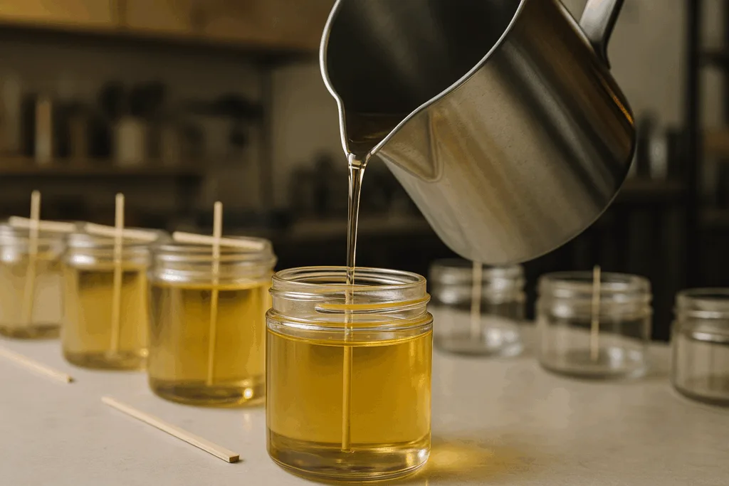 Private Label Candle Pricing: What Affects Your Wholesale Cost? 3 Close-up of molten wax being poured into candle jars in an artisan candle factory.