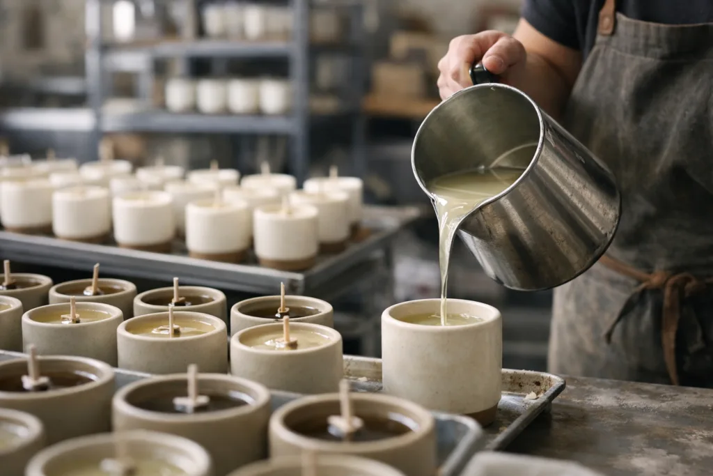 Best Wax Options for Custom Scented Candle Brands 2 coconut wax pouring processjpg