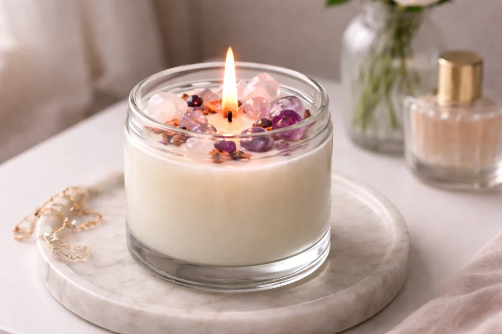 Crystal Candle in Tin vs Glass Jar: Which Looks Better? 1 Crystal-infused glass jar candle with rose quartz and amethyst embedded in creamy wax, lit flame on a white marble tray in a soft, elegant home décor setting.