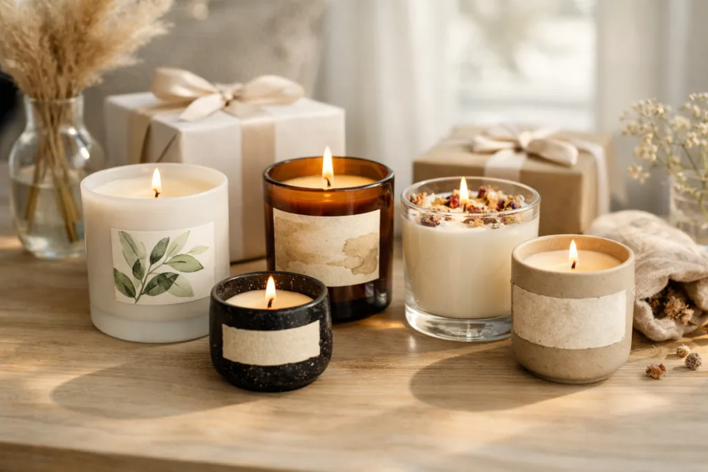 Custom Candle Labels: Design, Printing & MOQ Guide 3 custom labeled candles lifestylejpg