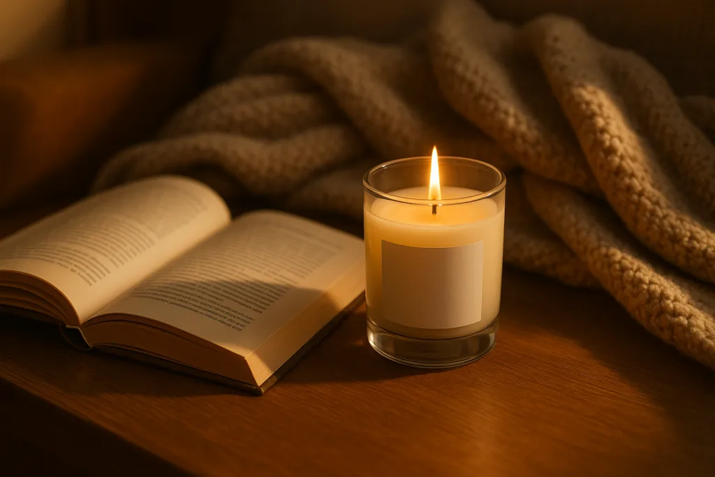 The Branding Psychology Behind Successful Luxury Candle Brands 2 Luxury candle burning beside a book, creating a warm and emotional atmosphere.