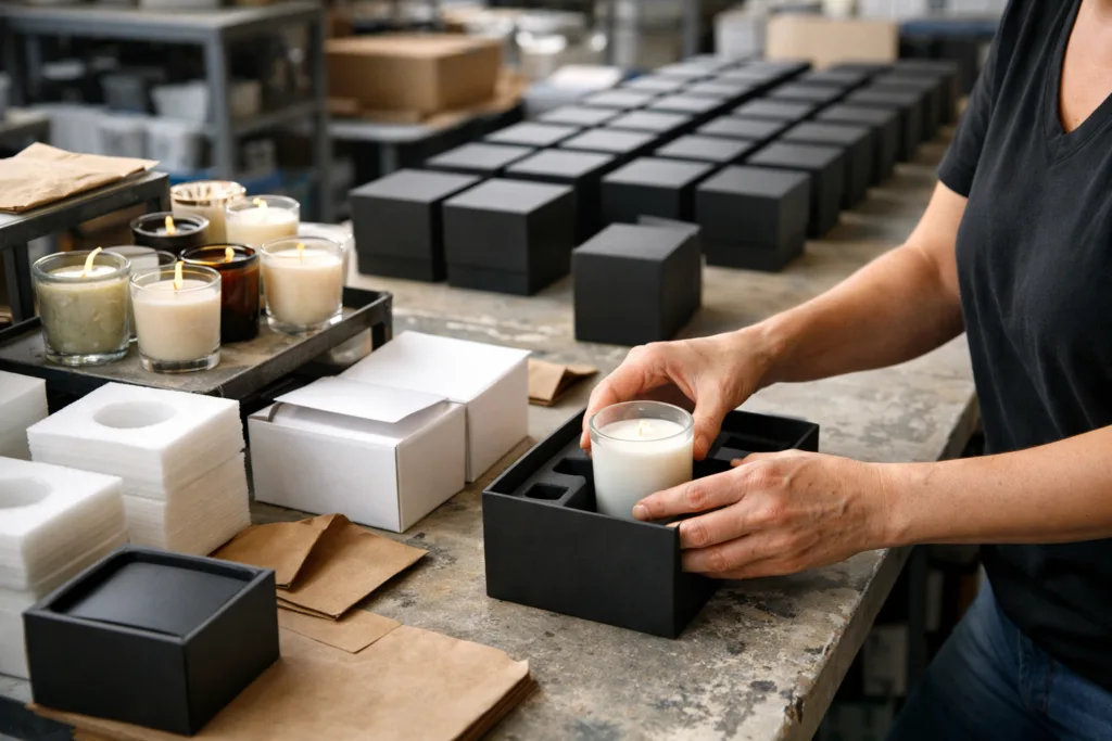 Candle Box Printing 101: Costs, MOQ & Design Choices 2 factory hand packing candle boxesjpg