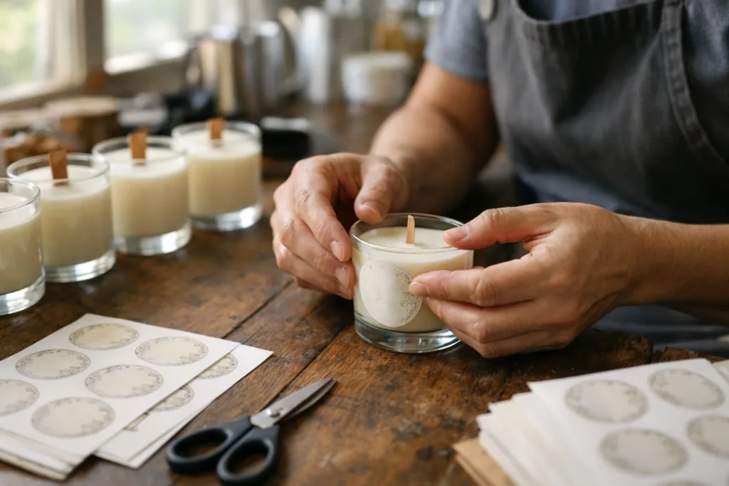 Custom Candle Labels: Design, Printing & MOQ Guide 2 hand label application candlesjpg