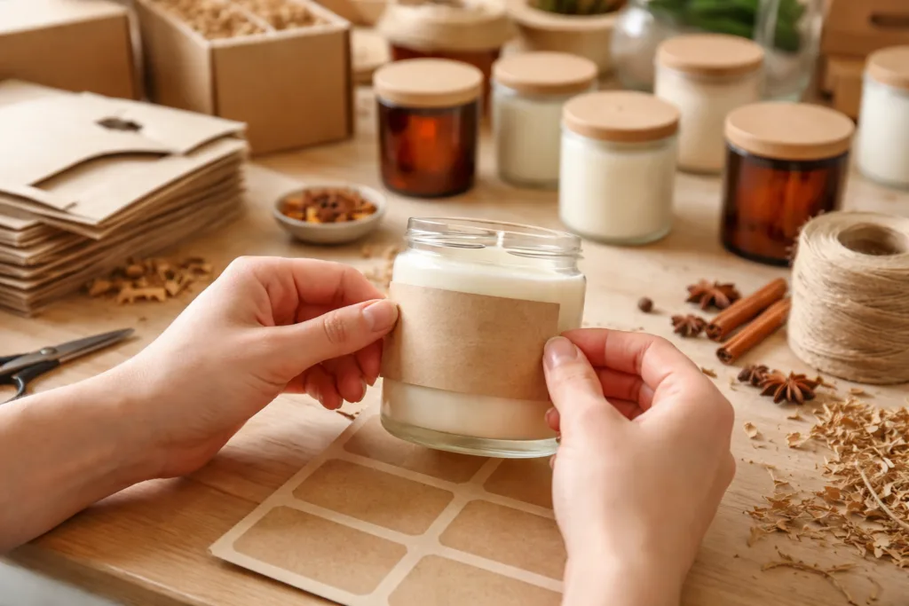 Start a Candle Business with Custom Packaging: Box, Labels, Branding Tips 2 hand labeling candle assemblyjpg