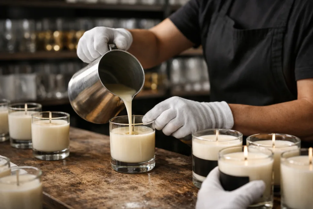 Candle MOQ Breakdown: Packaging, Fragrance, and Labor Costs You’re Paying For 2 hand pour label processjpg