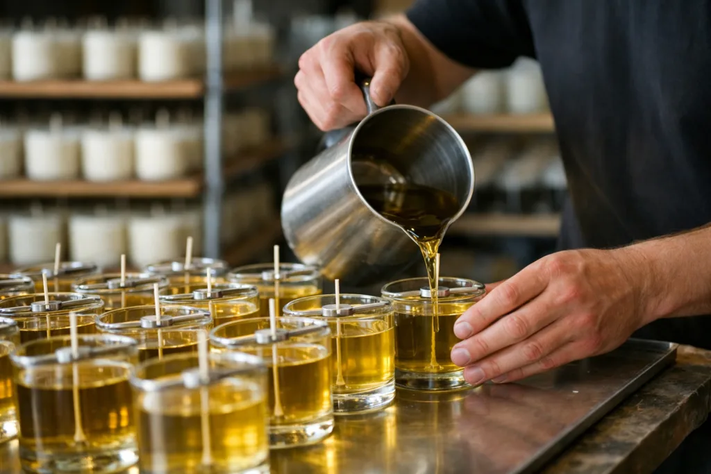 How to Start a Candle Business: The Complete Beginner’s Guide (2026) 2 hand pouring candle productionjpg