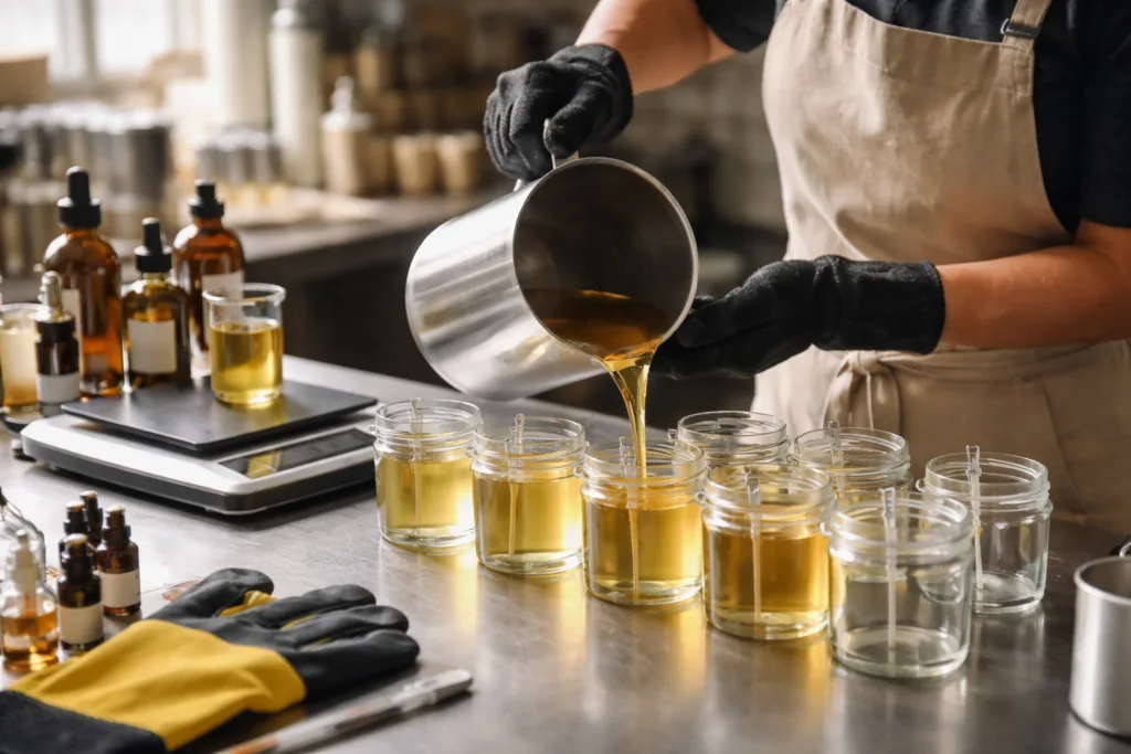 Custom Candle Pricing: How Manufacturers Calculate Your Costs 2 hand pouring candle productionjpg 2