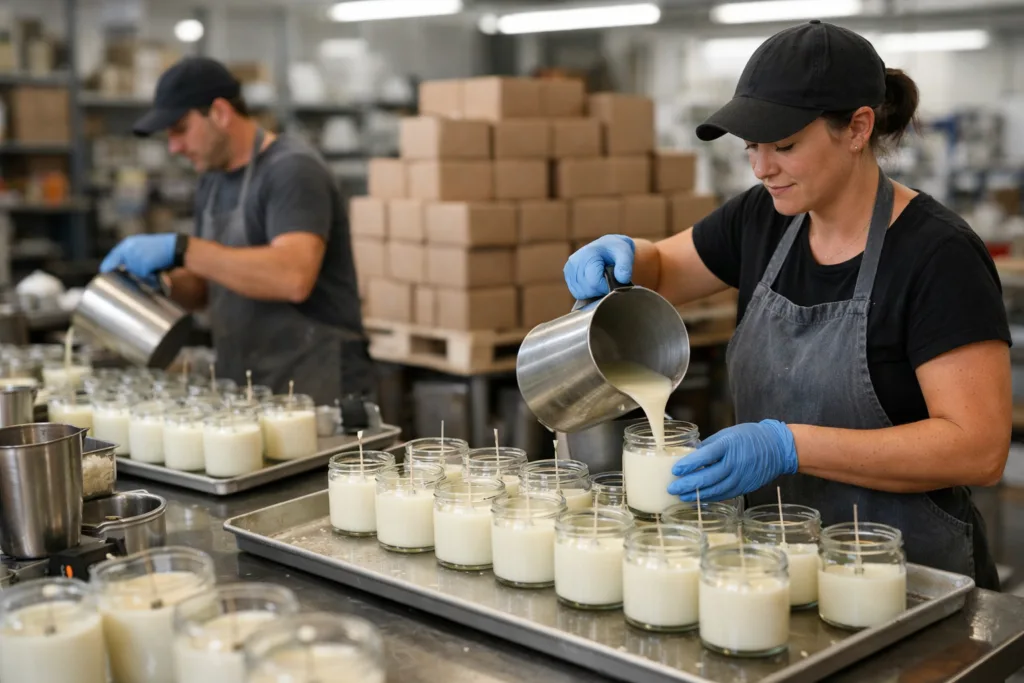 What Candle Startups Get Wrong About MOQ (And How to Fix It) 2 hand pouring factory scenejpg