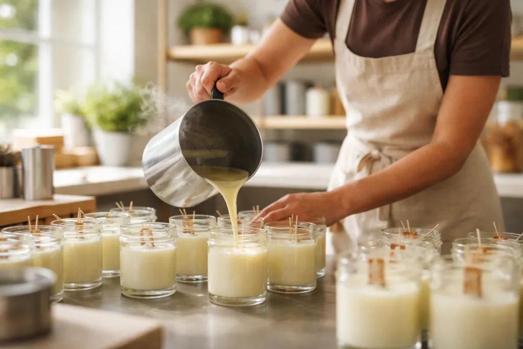 Private Label Candle MOQ: What Retailers & Startups Must Budget for 2 hand pouring private label candlesjpg