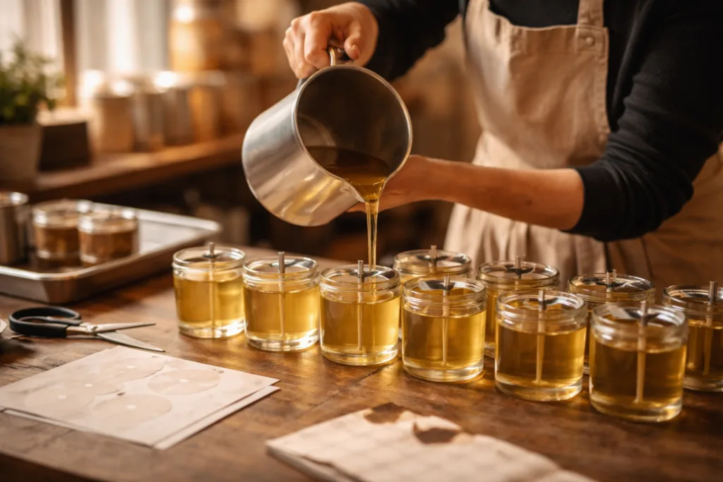 Small Batch vs Large Batch Candle Production: Cost & MOQ Comparison 2 handpour smallbatch candlesjpg