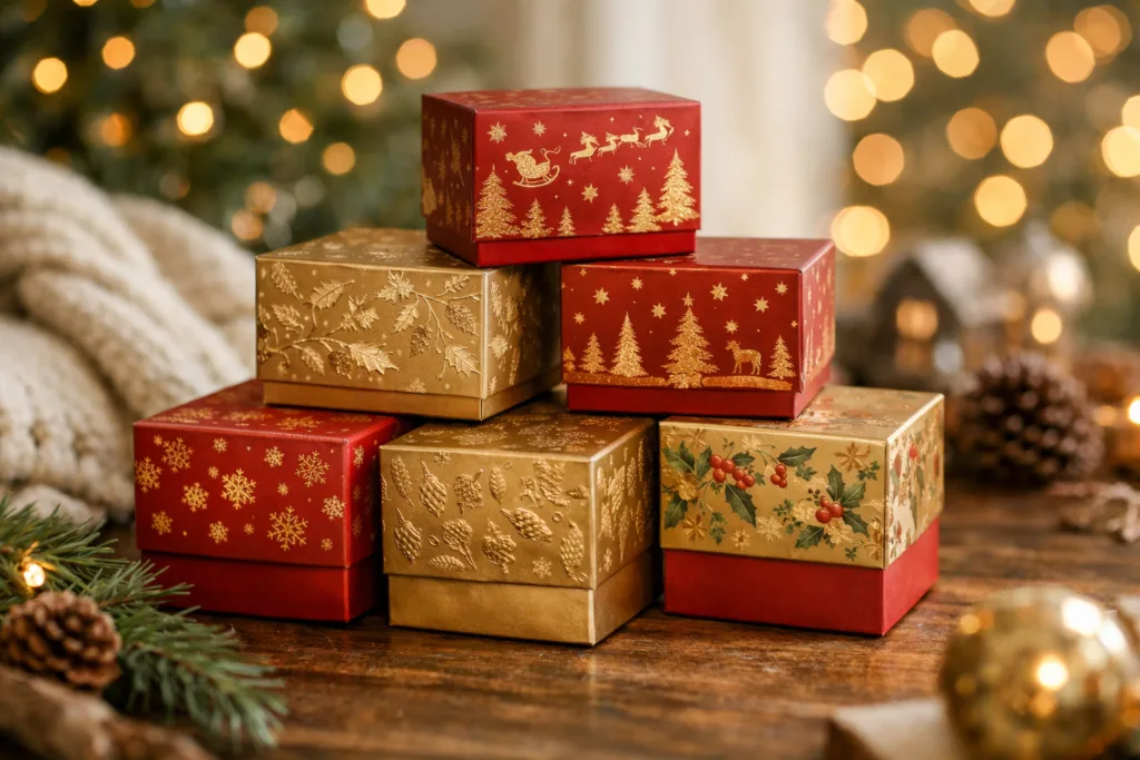 Custom Seasonal & Holiday Candles: Fast Production Guide 3 holiday candle gift boxesjpg