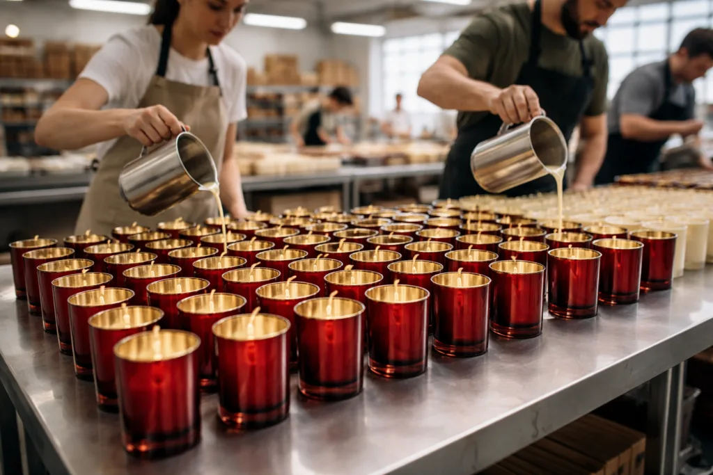 Holiday Candle Customization Guide for Retailers 2 holiday pour scenejpg