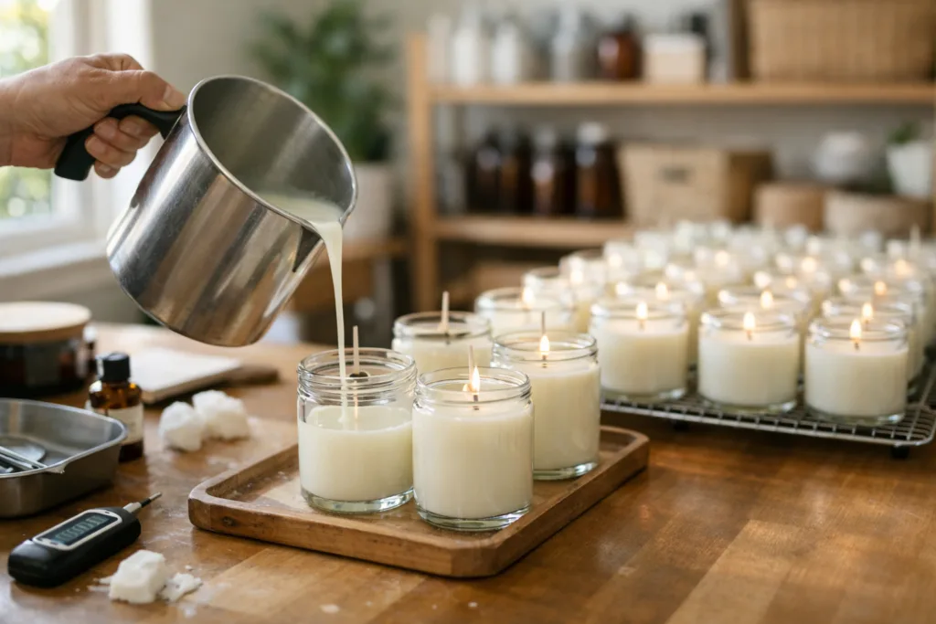 How to Start a Candle Business from Home: Step-by-Step Setup & Cost Breakdown 2 home pouring labelingjpg