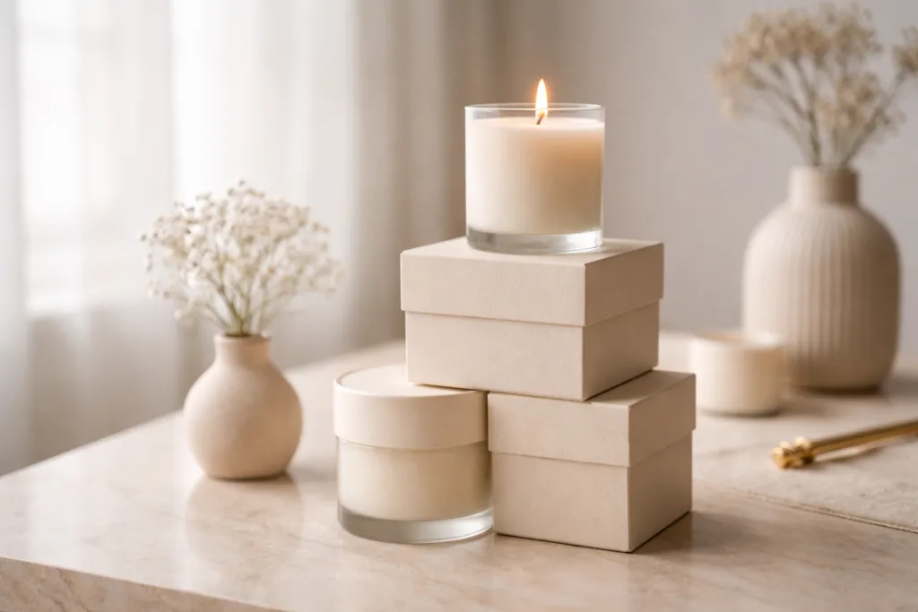 Display of luxury candles to illustrate branding and packaging options for new brands entering the market.
