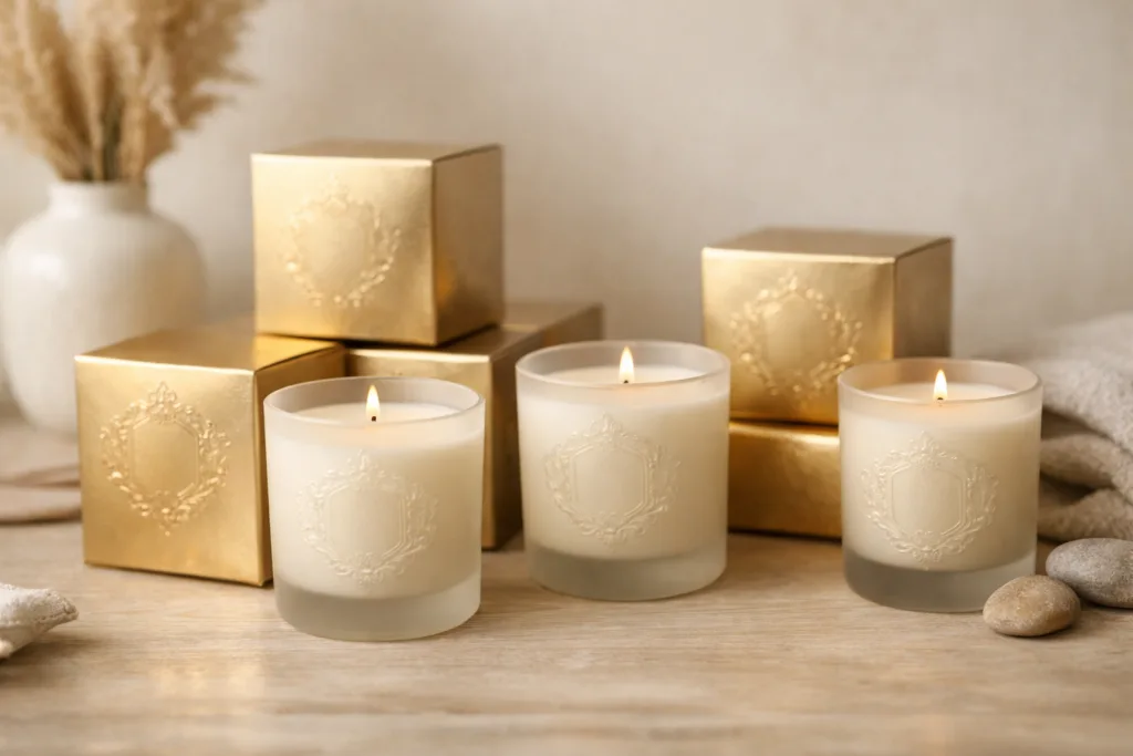 How Candle Factory Production Lines Work (and Why MOQ Exists) 7 Lifestyle image of finished luxury candles in premium packaging, demonstrating end-use application after factory production and quality control.